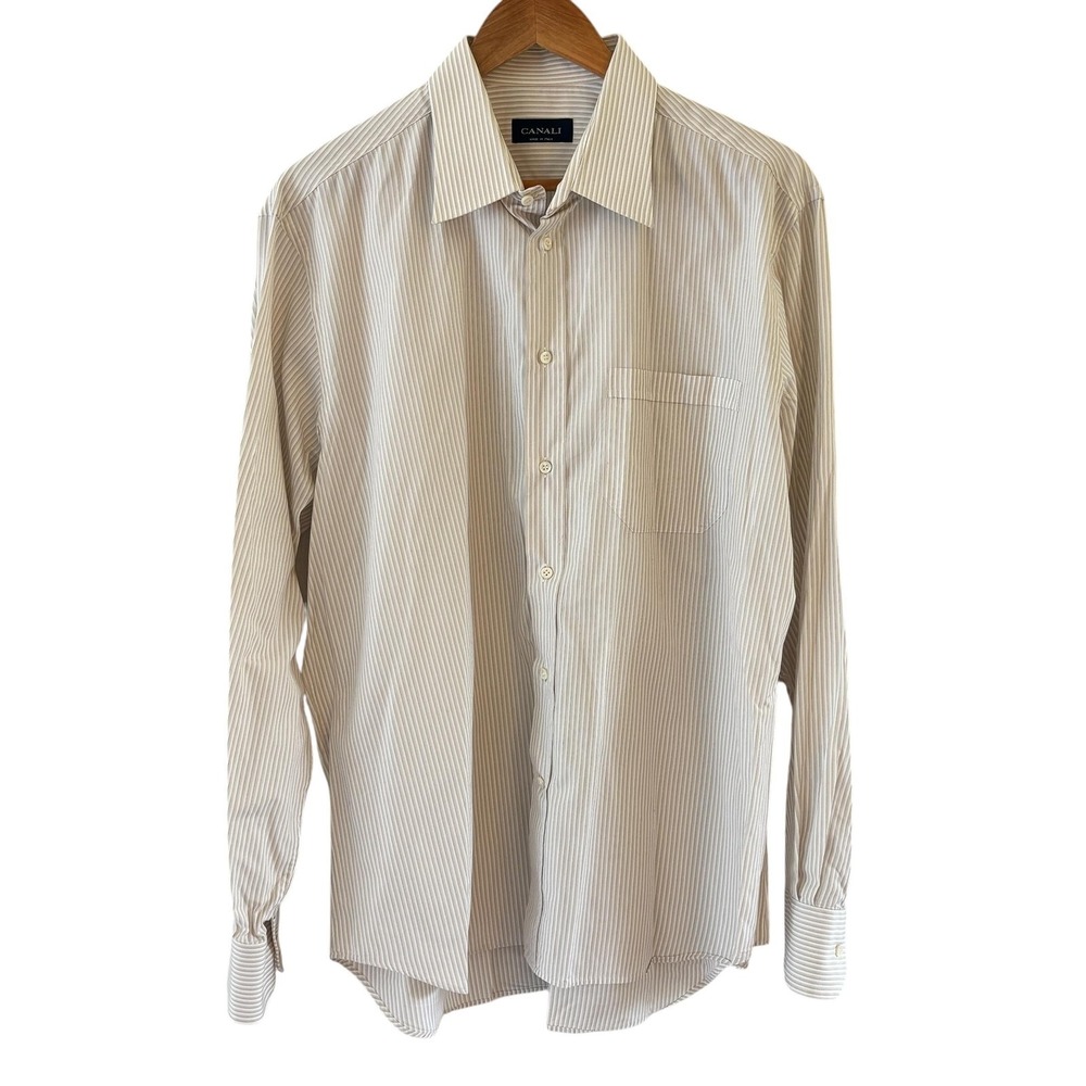 Canali Mens Dress Shirt Size 17 34/35 Beige Striped Classic Fit‎ Italy Cotton